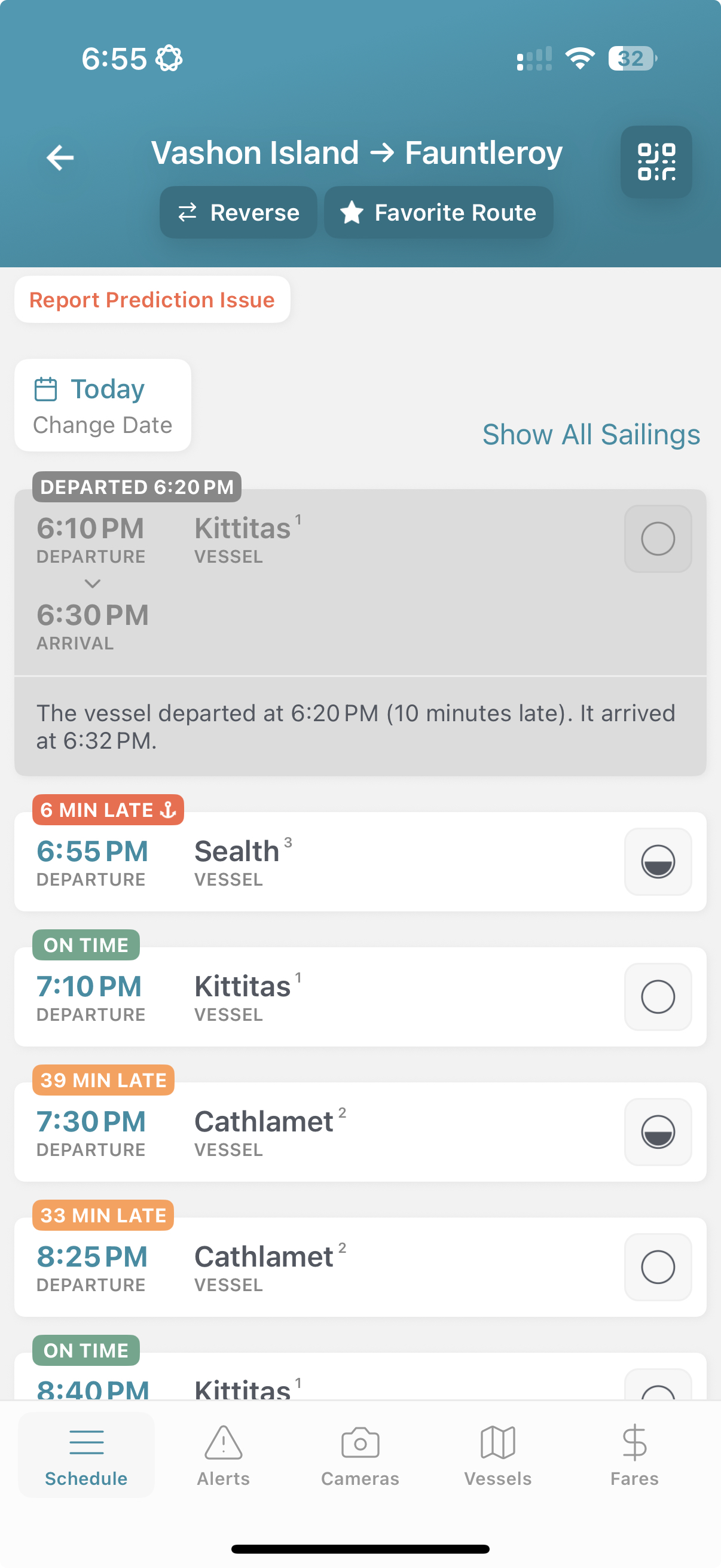 FerryFriend app showing improved schedule predictions with departure times and arrival estimates